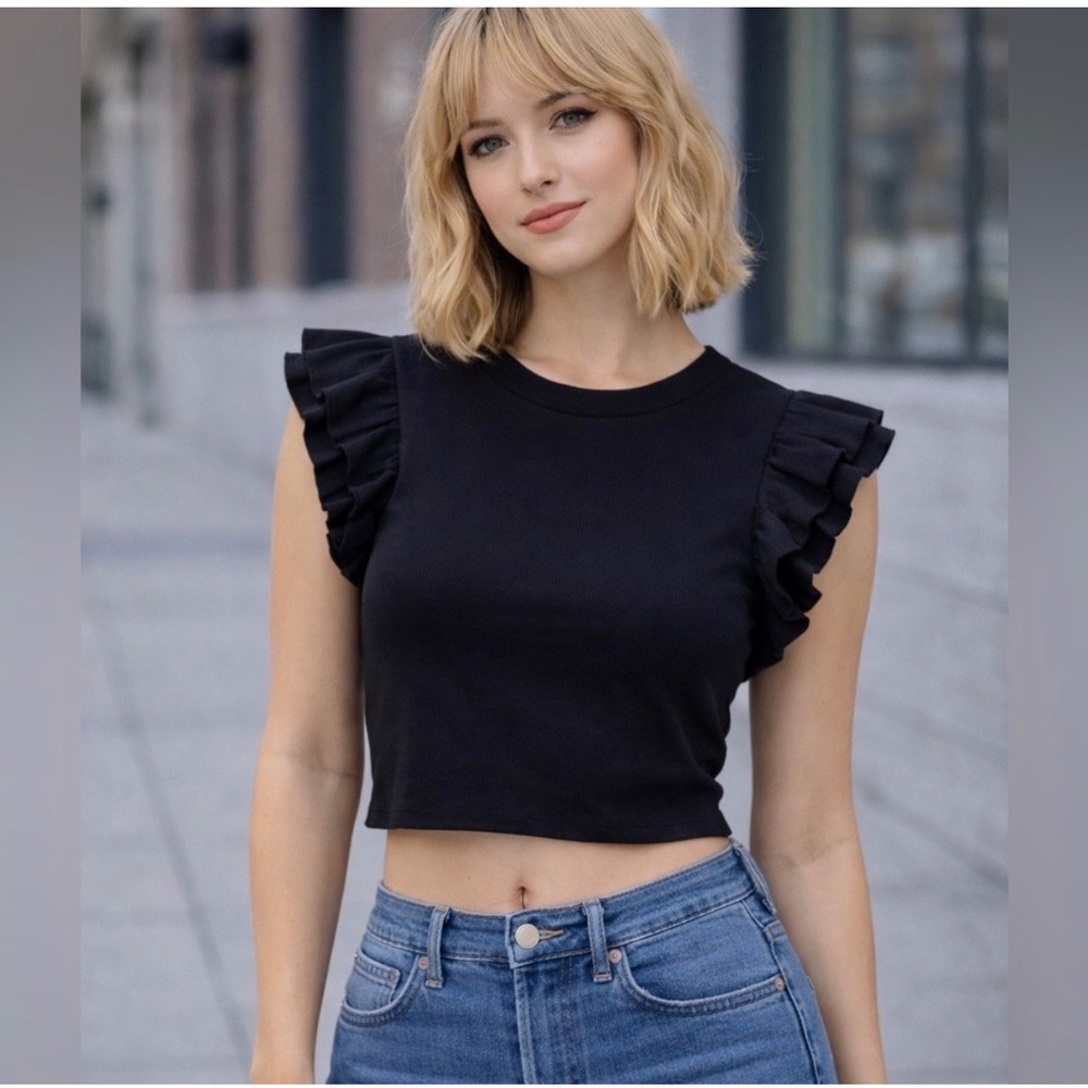 Zara Womens Black Ribbed‎ Ruffle Cap Sleeve Crop Top Crew Neck Small